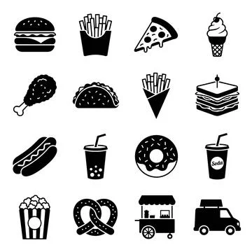 Collection of black and white fast food icons including burger, fries, pizz.. Stock Illustration