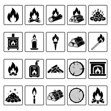 Collection of black and white fire and heat icons including flames, logs, f.. Stock Illustration