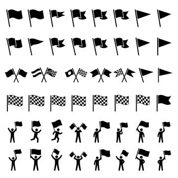 Collection of black and white flag icons, including racing checkered flags,.. Stock Illustration