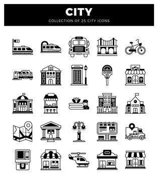 A collection of black and white flat vector icons depicting city life and s.. Ilustración de archivo
