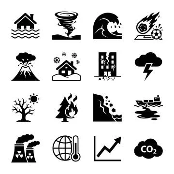 Collection of black and white flat icons representing natural disasters and.. Stock Illustration