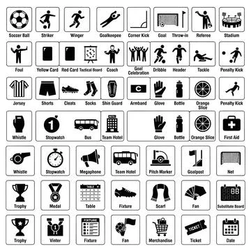 Collection of black and white flat icons representing soccer game elements,.. Illustration