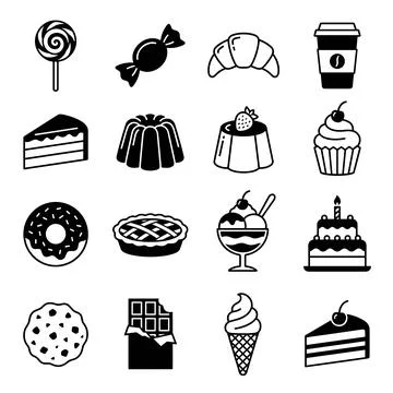 Collection of black and white flat icons representing various sweet dessert.. Ilustración de archivo