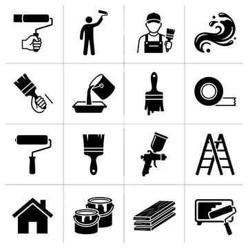 Collection of black and white flat icons representing painting and home ren.. Stock Illustration