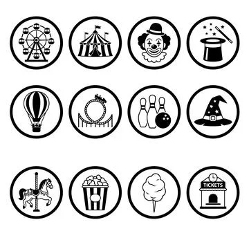 Collection of black and white flat icons representing amusement park attrac.. Stock Illustration