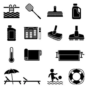 Collection of black and white flat icons representing swimming pool mainten.. Stock Illustration