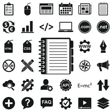 Collection of black and white flat icons representing web development, busi.. Stock Illustration