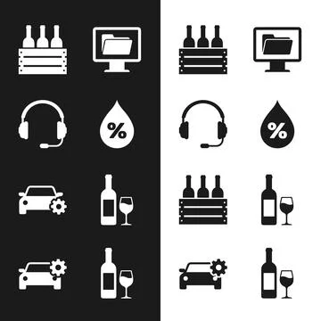 Collection of black and white flat icons representing wine bottles in crate.. Stock Illustration