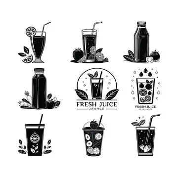 Collection of black and white of fresh juices and fruits fruit juice bevera.. Stock Illustration