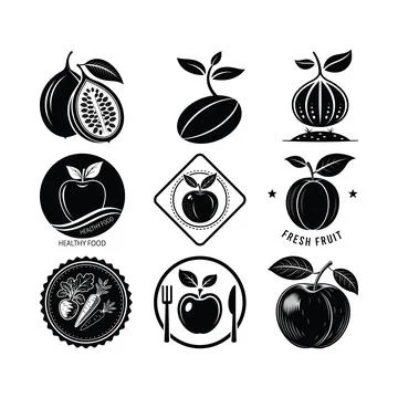 Collection of black and white fruit and vegetable and apple guava Stock Illustration