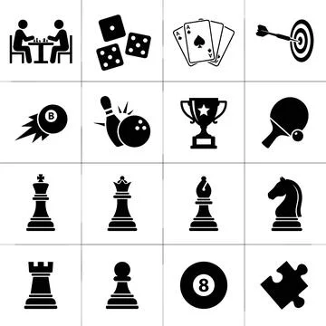 Collection of black and white game icons including chess pieces, dice, play.. Stock Illustration
