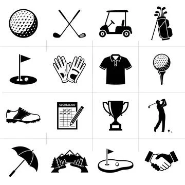 Collection of black and white golf icons including ball, clubs, cart, bag, .. Stock Illustration