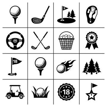 Collection of black and white golf icons and symbols including golf clubs, .. Stock Illustration
