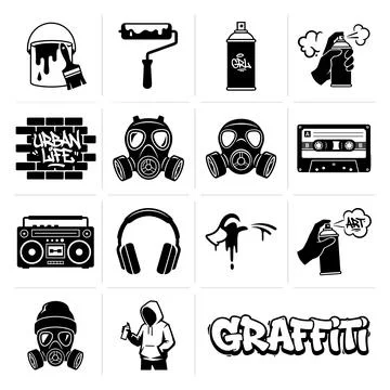 Collection of black and white graffiti art icons including spray paint cans.. Stock Illustration