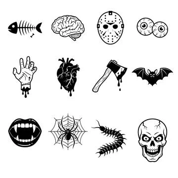 Collection of black and white horror icons including a skull, brain, zombie.. Stock Illustration