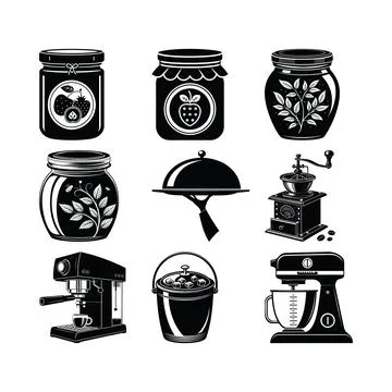 Collection of black and white kitchen and food including jars, coffee maker.. 스톡 일러스트