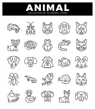 Collection of black and white line art animal icons on a white background Stock Illustration