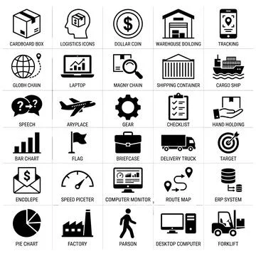 Collection of black and white logistic and business icons representing ship.. Stock Illustration