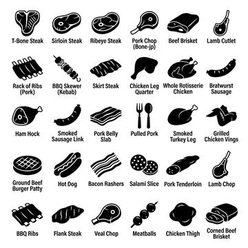 Collection of black and white meat icons and labels, including steaks, ribs.. Stock Illustration