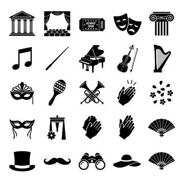 Collection of black and white performance and entertainment icons including.. Stock Illustration