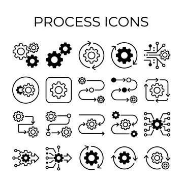 Collection of black and white process icons featuring gears, arrows, and ci.. Stock Illustration