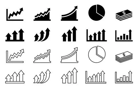 Collection of black and white representing financial growth and data analys.. Stock Illustration
