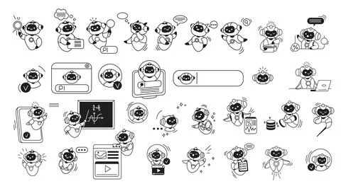 Collection of Black and White Robot Illustrations Illustrazione stock