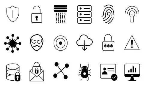 Collection of black and white security and technology including shield lock. Stock Illustration