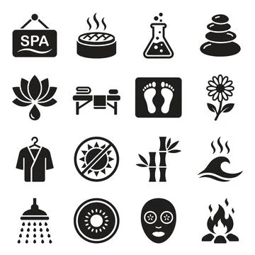 Collection of black and white spa and wellness icons including a sign, hot .. Stock Illustration