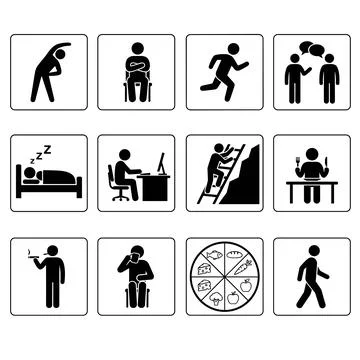 Collection of black and white stick figure icons representing daily human a.. イラスト素材