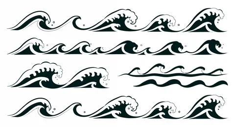 Collection of black and white stylized wave illustrations with crashing Illustration