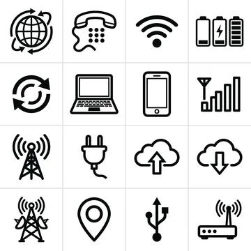 Collection of black and white technology icons including global network, te.. Stock Illustration