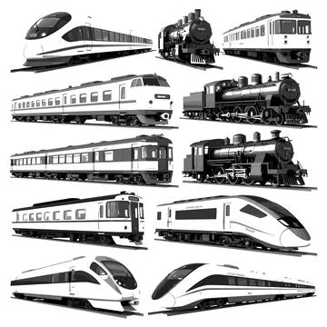 Collection of black and white train on white background Stock Illustration