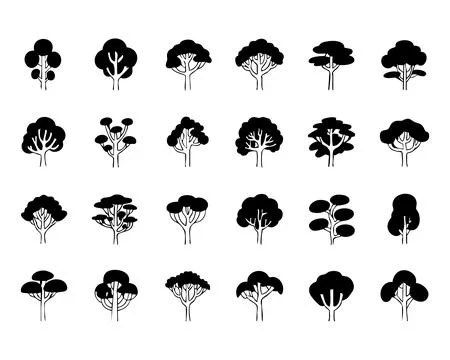 Collection of Black and White Tree Silhouettes in a Variety of Shapes Illustrazione stock