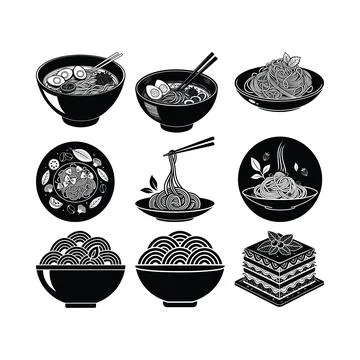 Collection of black and white of various noodle dishes and lasagna ramen no.. Stock Illustration