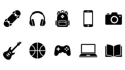 Collection of black and white vector icons representing popular hobbies, te.. Stock Illustration