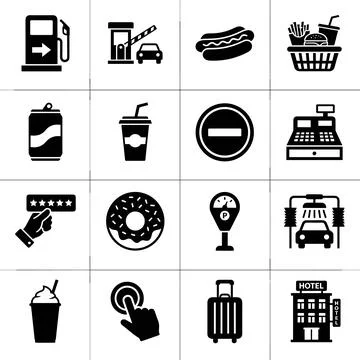 Collection of black and white vector icons representing services and amenit.. Illustrazione stock