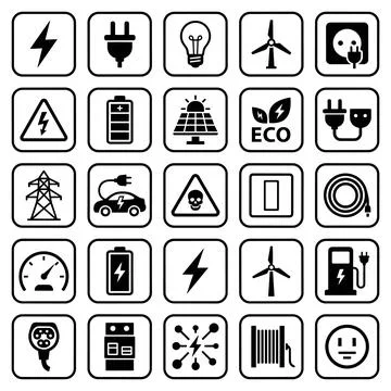 Collection of black and white vector icons representing electricity, energy.. Stock Illustration
