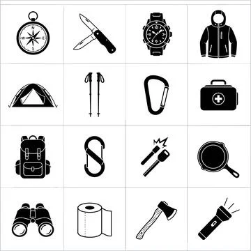 Collection of black and white vector icons representing camping and hiking .. Stock Illustration