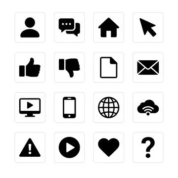Collection of black and white vector icons representing user profile, chat .. Stock Illustration