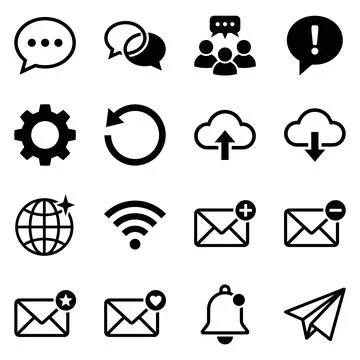 Collection of black and white vector icons representing communication, tech.. Stock Illustration