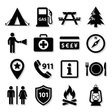 Collection of black and white vector icons representing travel, camping, an.. Stock Illustration