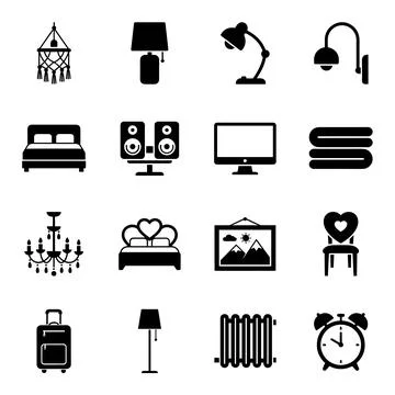 Collection of black and white vector icons representing home interior eleme.. Stock Illustration