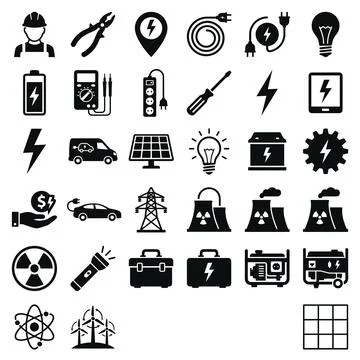 Collection of black and white vector icons representing electricity, energy.. Stock Illustration