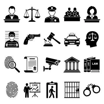 Collection of black and white vector icons representing justice, law enforc.. Stock Illustration