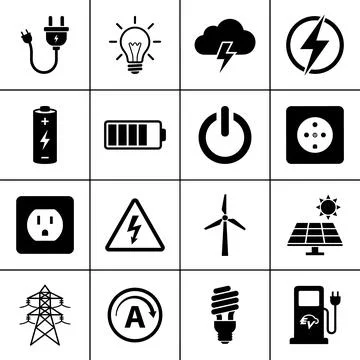 Collection of black and white vector icons representing electricity, energy.. Ilustração Stock