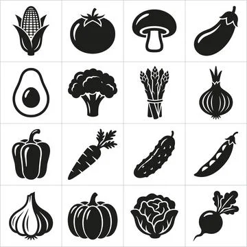 Collection of black and white vector icons representing fresh vegetables an.. Stock Illustration