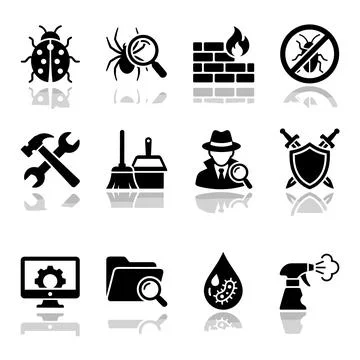 Collection of black and white vector icons representing cybersecurity, clea.. イラスト素材