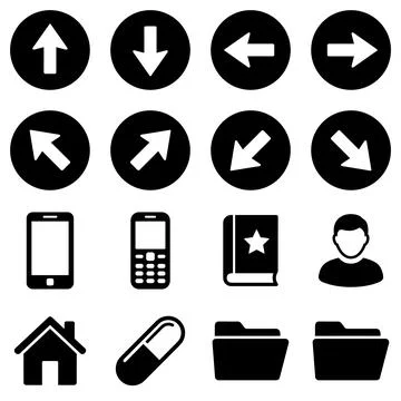 Collection of black and white vector icons representing navigation arrows, .. Stock Illustration