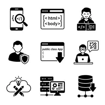 Collection of black and white vector icons representing software developmen.. Stock Illustration